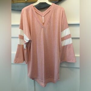 My Story Relaxed V-Neck Stripe Sleeve Top - Dusty Pink 3/4 Bell sleeve